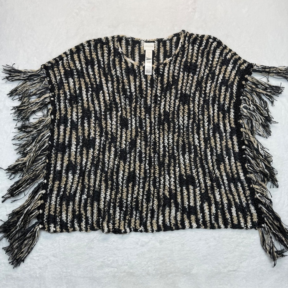 Chico's Fringe Poncho Sweater Knit Striped Black Beige S/M